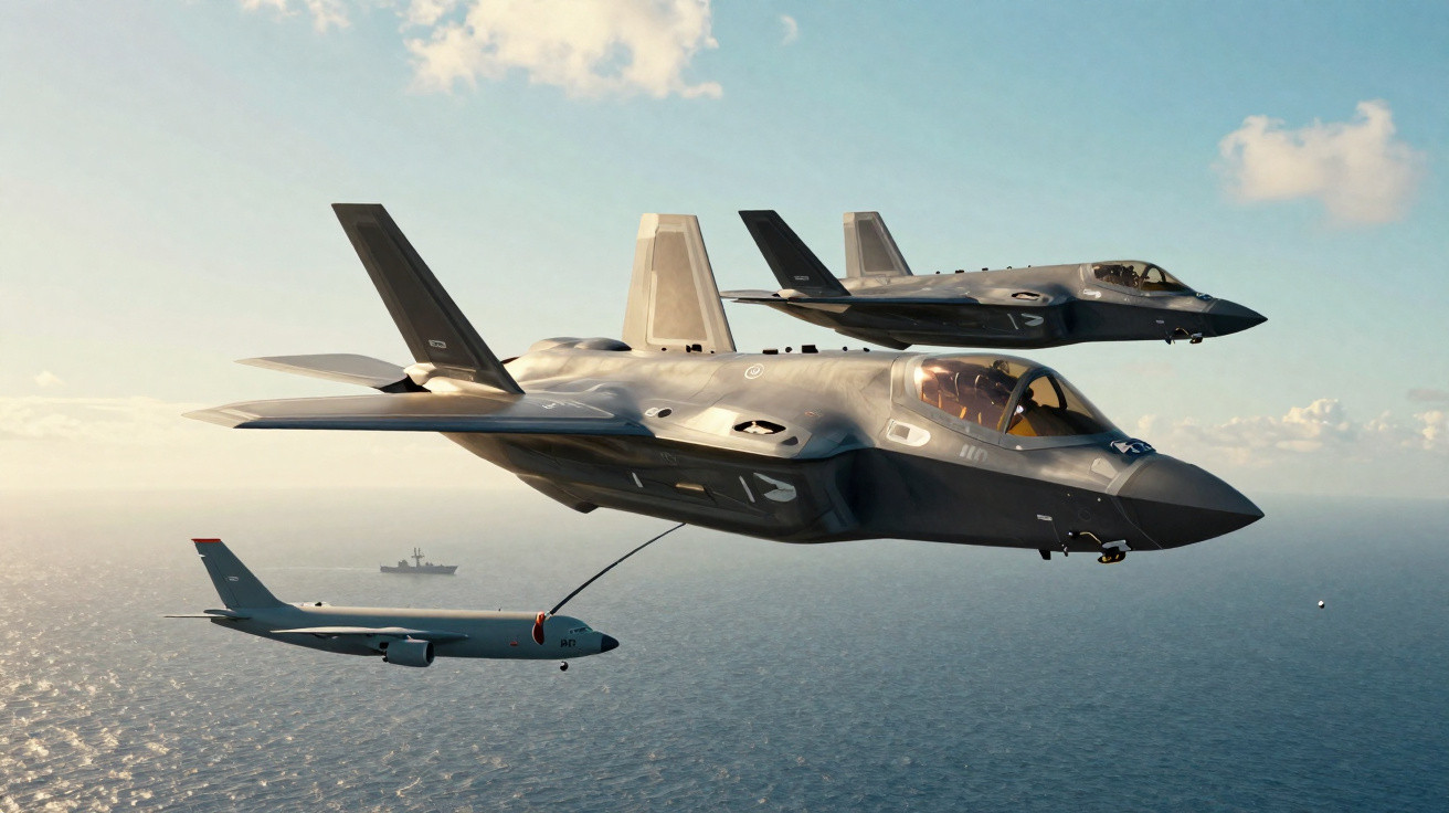 Zwei Militärjets fliegen über dem Meer, einer betankt ein Tankflugzeug, im Hintergrund ein Flugzeugträger.