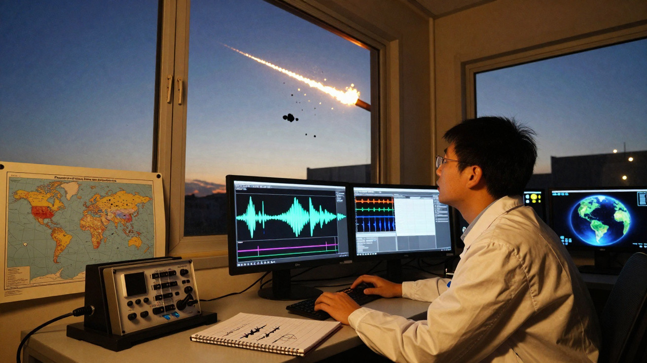 Mann überwacht mit Computern und Messgeräten hellen Meteor am Nachthimmel durch ein Fenster.
