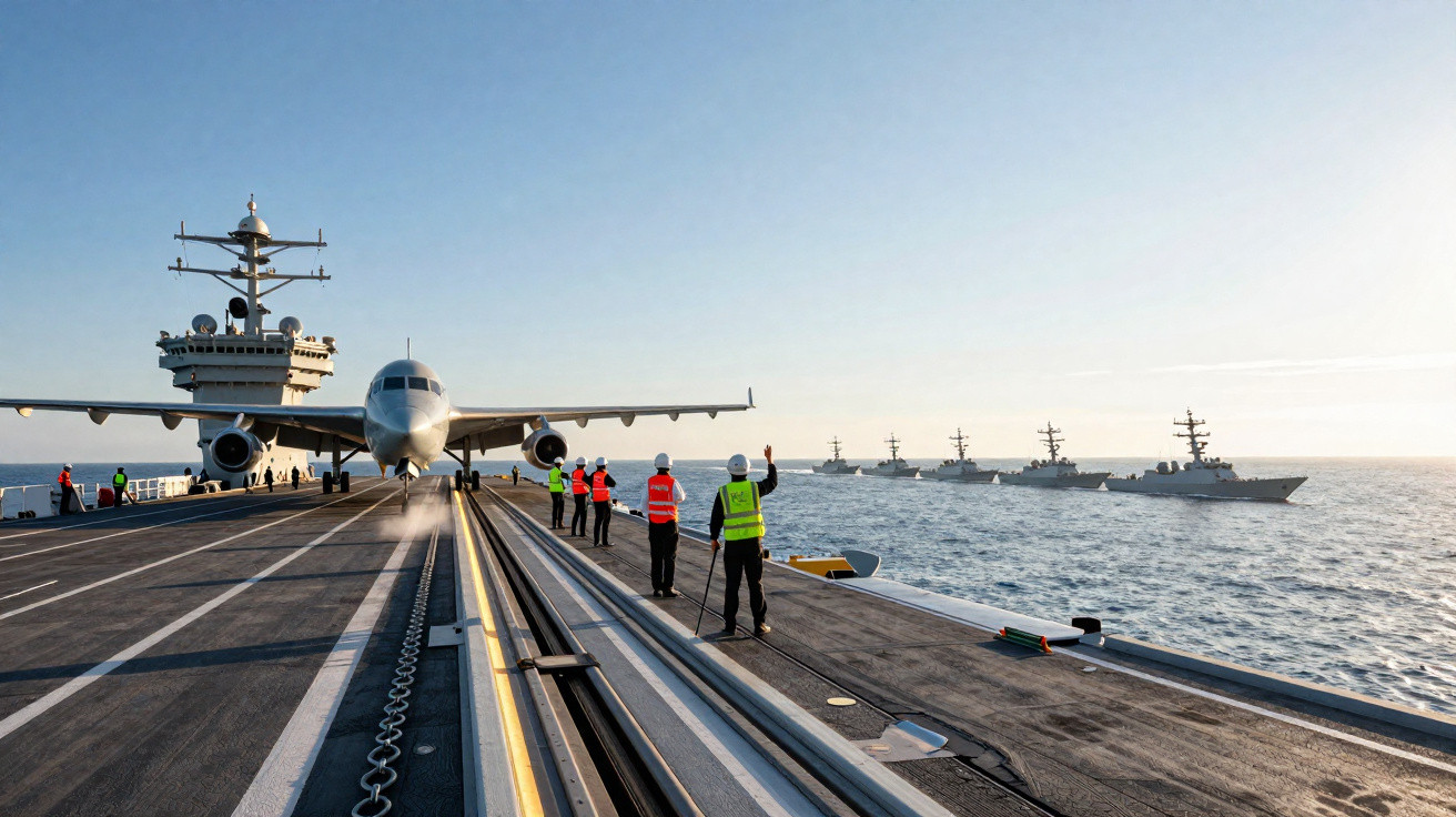 Passagierflugzeug startet von Flugzeugträger, Besatzungsmitglieder mit Warnwesten lotsen auf Deck, mehrere Kriegsschiffe im M