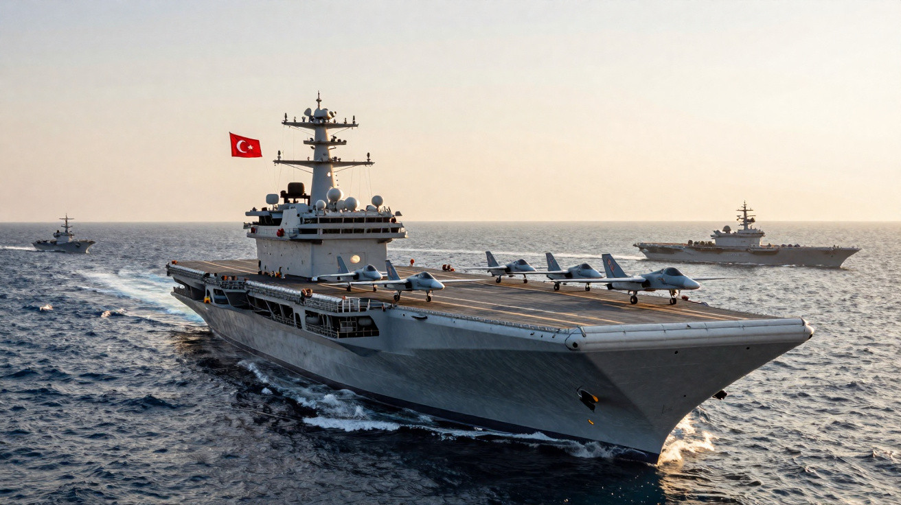 Flugzeugträger der türkischen Marine mit startbereiten Kampfflugzeugen auf offener See bei Sonnenuntergang.