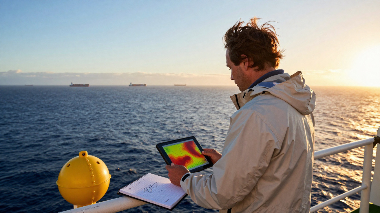 Mann mit windzerzaustem Haar nutzt Tablet auf Schiff bei Sonnenuntergang mit Blick auf das Meer und Frachtschiffe.