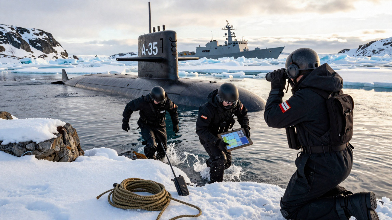 Militärische Taucher kommen bei eisiger Umgebung aus einem U-Boot, im Hintergrund ein Kriegsschiff und Eisberge.
