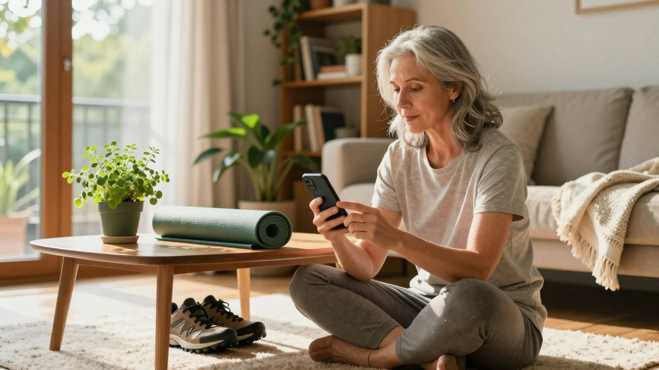 Ältere Frau sitzt auf dem Boden im Wohnzimmer und schaut auf ihr Smartphone, neben ihr Yoga-Matte und Schuhe.