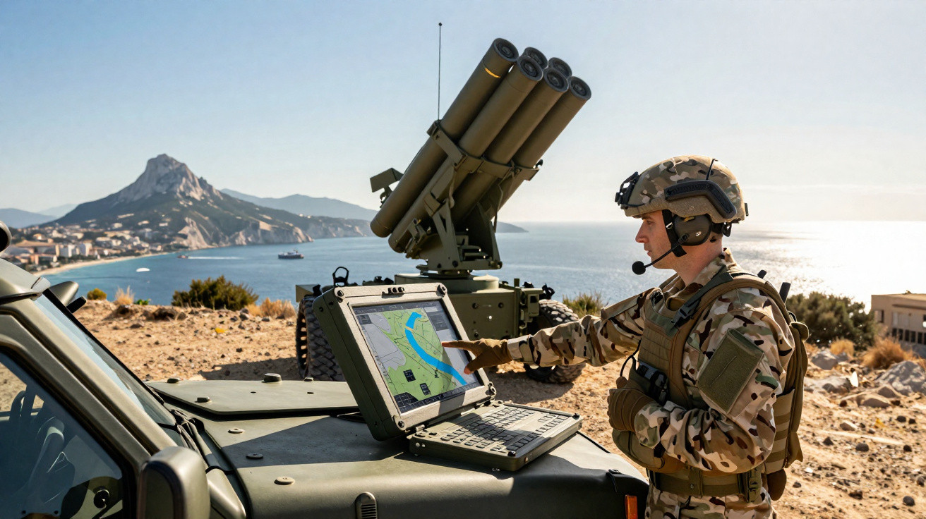 Soldat in Tarnuniform bedient Laptop vor militärischer Raketenabschussanlage in Küstenlandschaft.