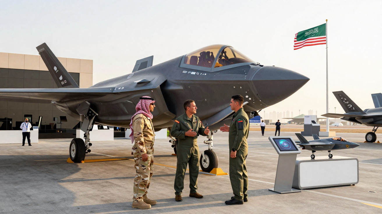 Drei Soldaten vor einem F-35-Kampfjet auf dem Rollfeld mit saudischer Flagge im Hintergrund.