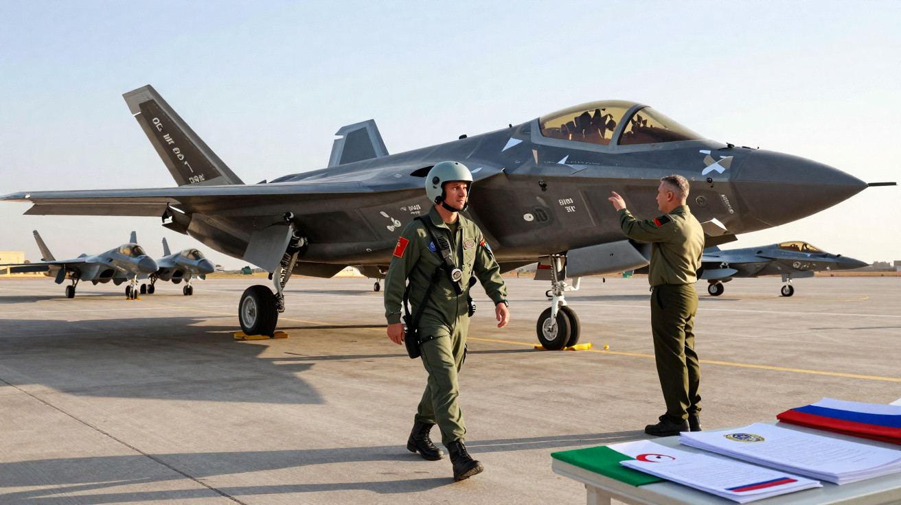 Zwei Militärpiloten in Uniform vor einem Kampfflugzeug F-35 auf einer Rollbahn bei klarem Wetter.