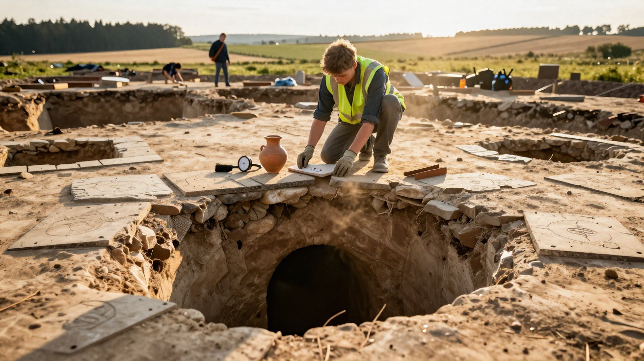 Archäologe untersucht Ausgrabungsstätte mit Tonkrug und Skizzen bei Sonnenuntergang auf dem Feld.