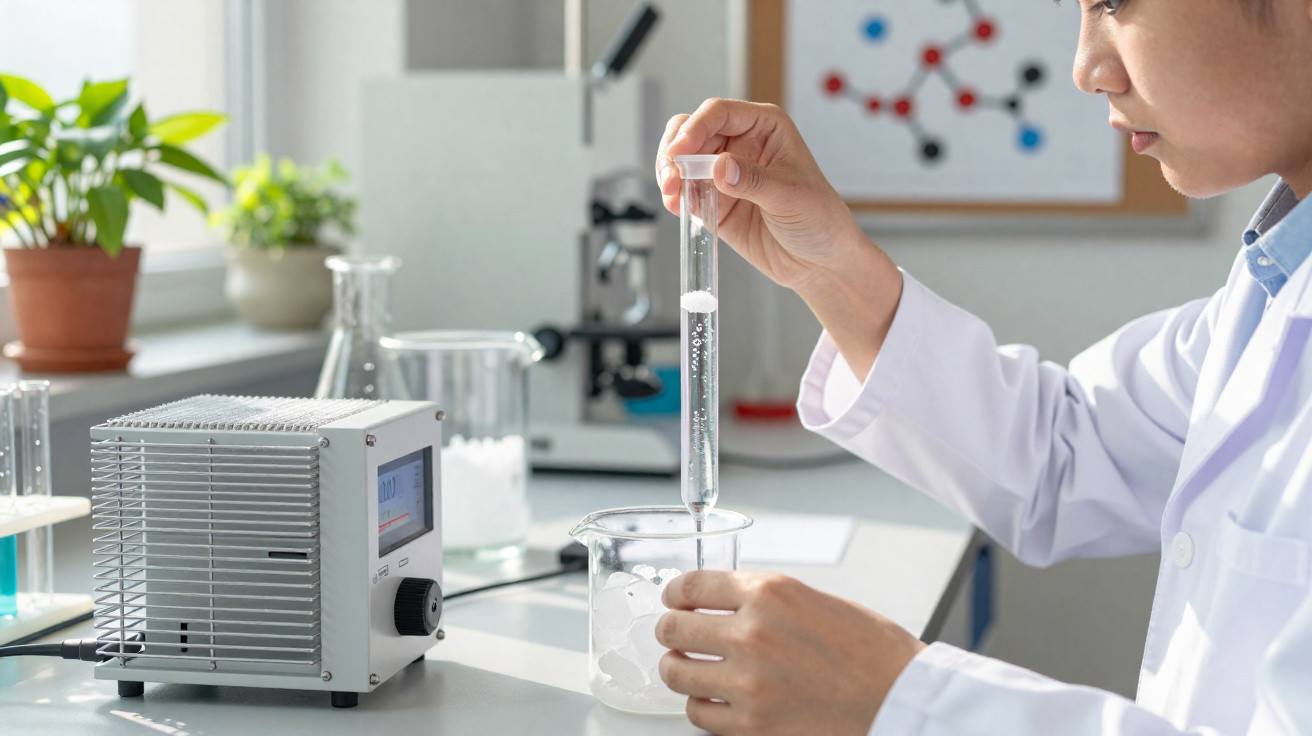 Wissenschaftler hält Reagenzglas mit Eiswürfeln über Becherglas in hellem Labor mit technischen Geräten.