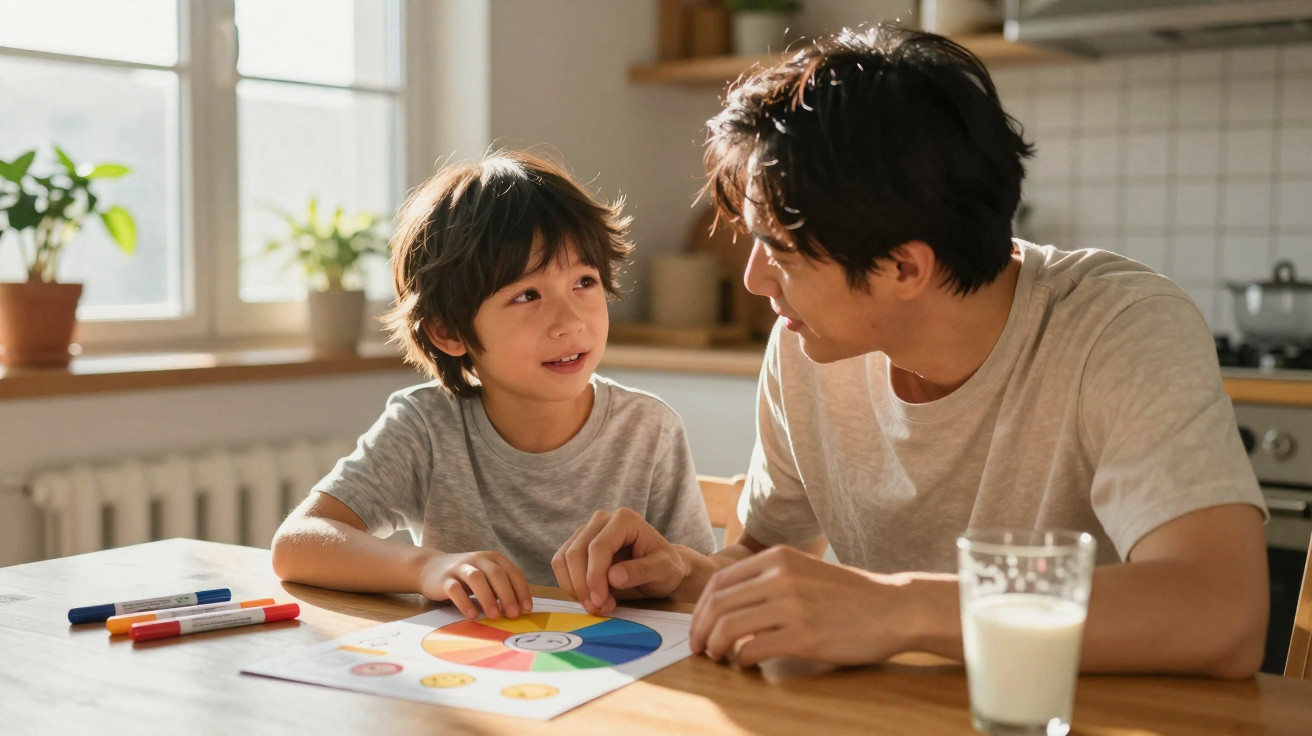 Vater erklärt Sohn in der Küche ein Farbkreis-Spiel, bunte Stifte und Glas Milch auf dem Tisch.