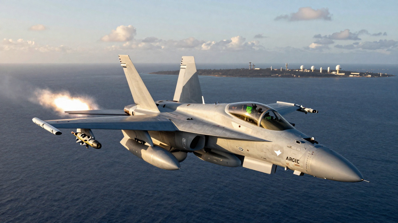 Kampfjet mit Raketen im Flug über dem Meer vor einer Insel mit Gebäuden und Radarstationen.