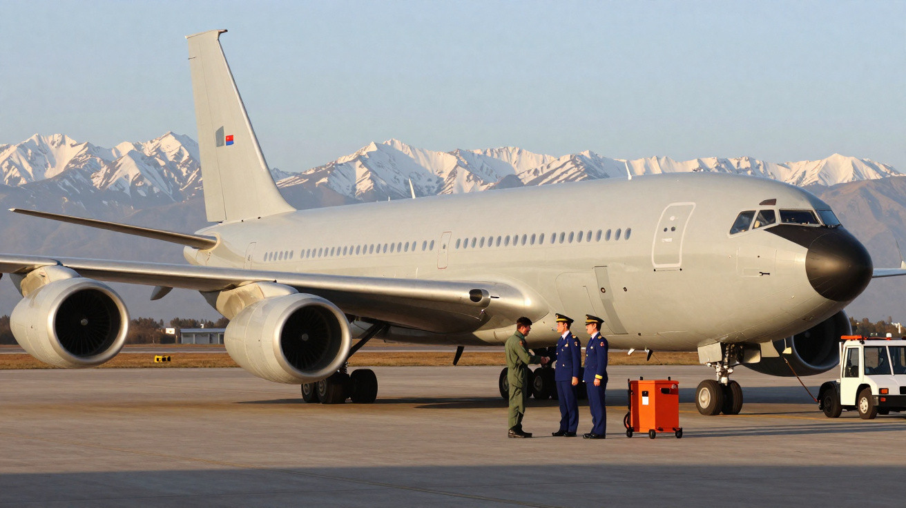 Leeres Militärflugzeug auf Startbahn mit drei uniformierten Personen und schneebedeckten Bergen im Hintergrund.