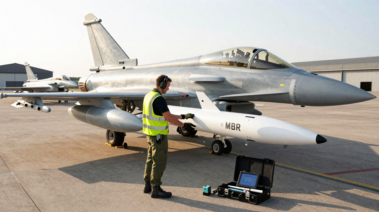 Ein Mann mit Warnweste inspiziert eine UAV-Drohne vor einem Kampfjet auf dem Flugfeld.
