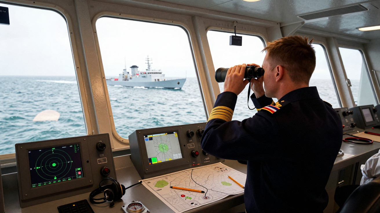 Marineoffizier auf Brücke beobachtet mit Fernglas ein Marineschiff auf See, Radar- und Navigationsgeräte sichtbar.