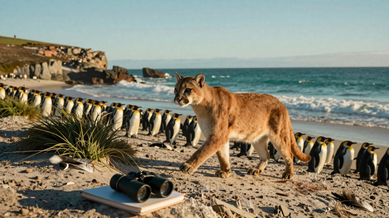 Puma läuft am Strand vor einer großen Gruppe von Kaiserpinguinen mit Fernglas und Notizbuch im Sand.