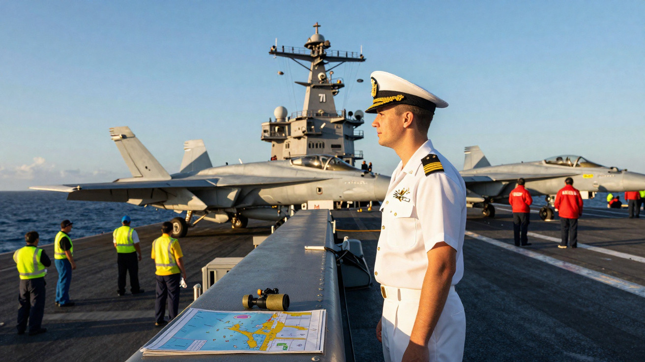 Marineoffizier auf Flugzeugträger mit Kampfjets und Karten bei Sonnenuntergang auf dem Meer