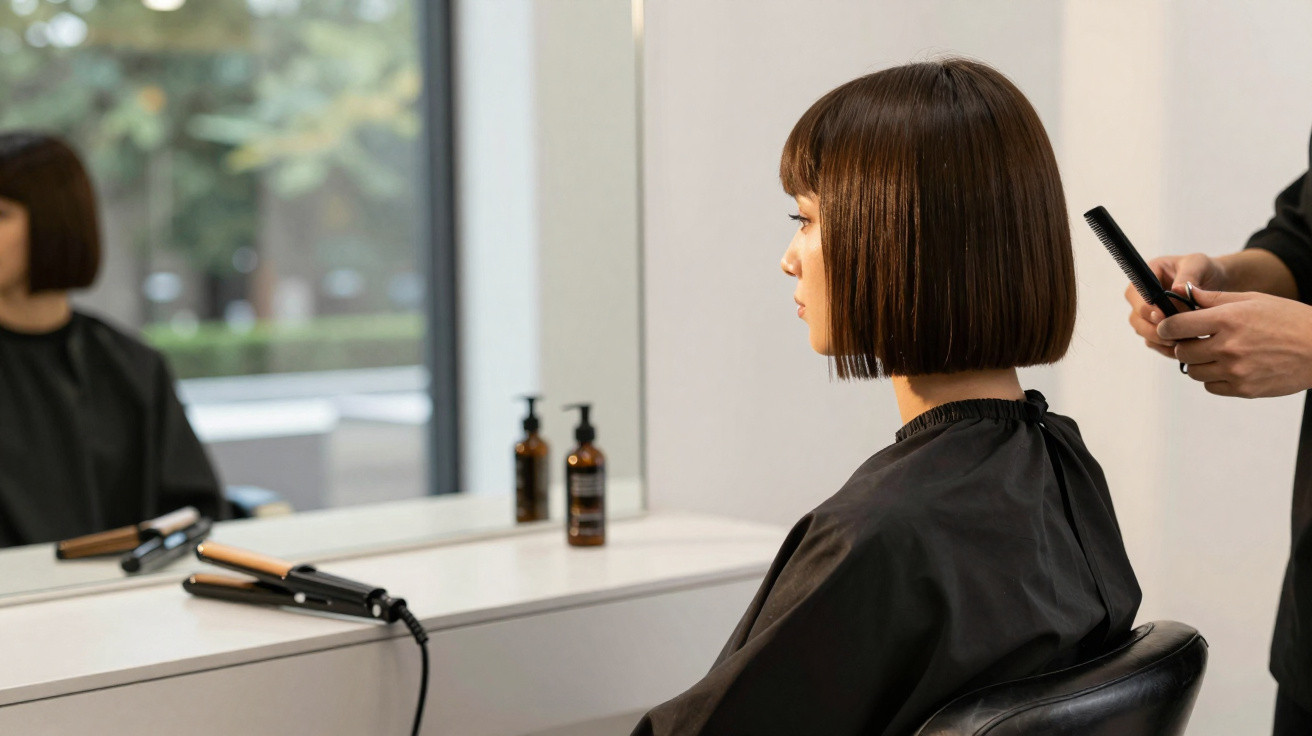 Frau mit kurzem Bob-Haarschnitt sitzt im Friseursalon, während Friseur die Haare mit Kamm vorbereitet.