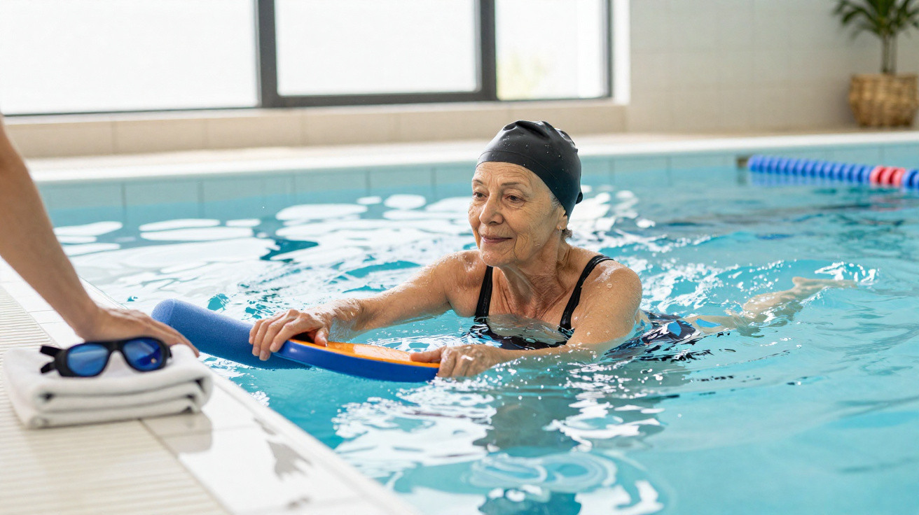Ältere Frau mit Schwimmkappe trainiert mit Schwimmbrett im Hallenbad unter Anleitung eines Trainers.