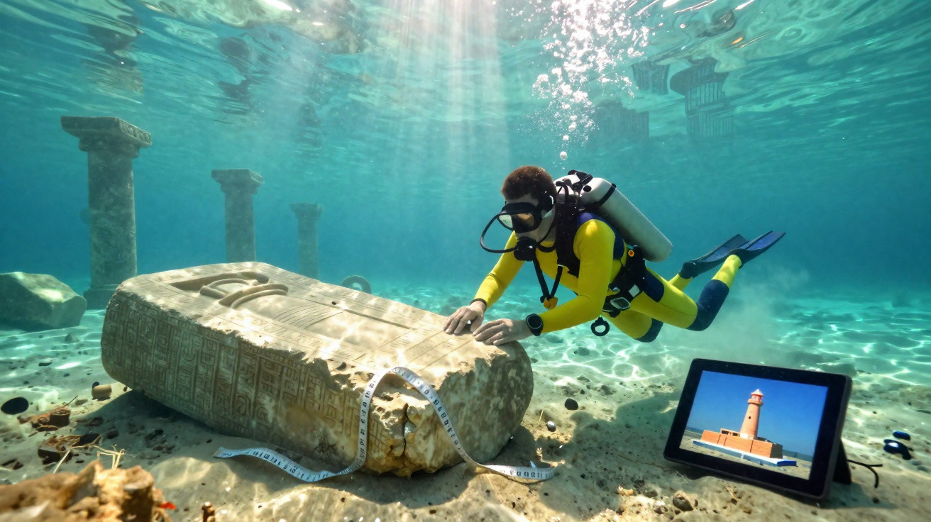 Taucher untersucht unter Wasser eine antike Säule mit Messerband und Tablet zeigt Leuchtturm.