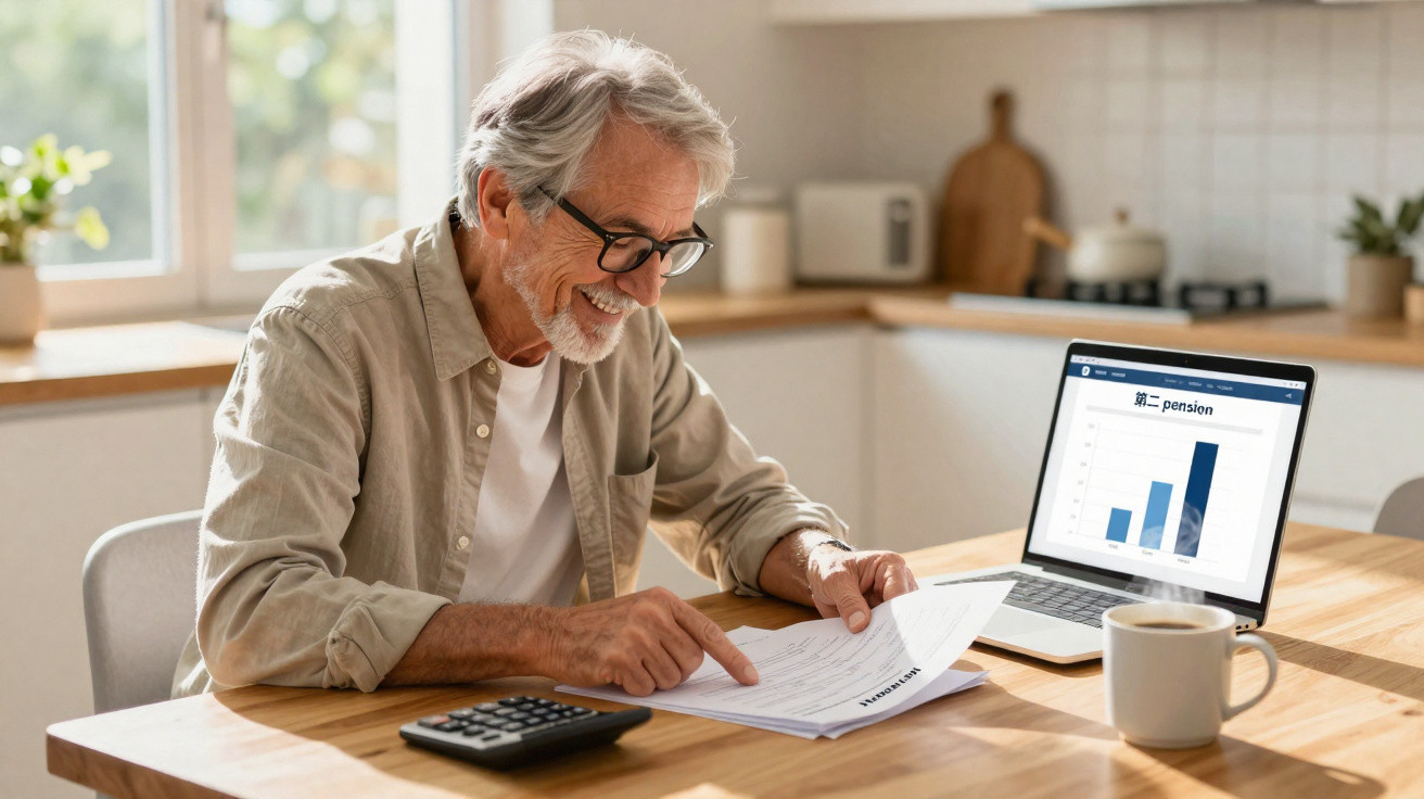 Älterer Mann analysiert lächelnd Pensionsdokumente am Küchentisch mit Laptop und Taschenrechner.