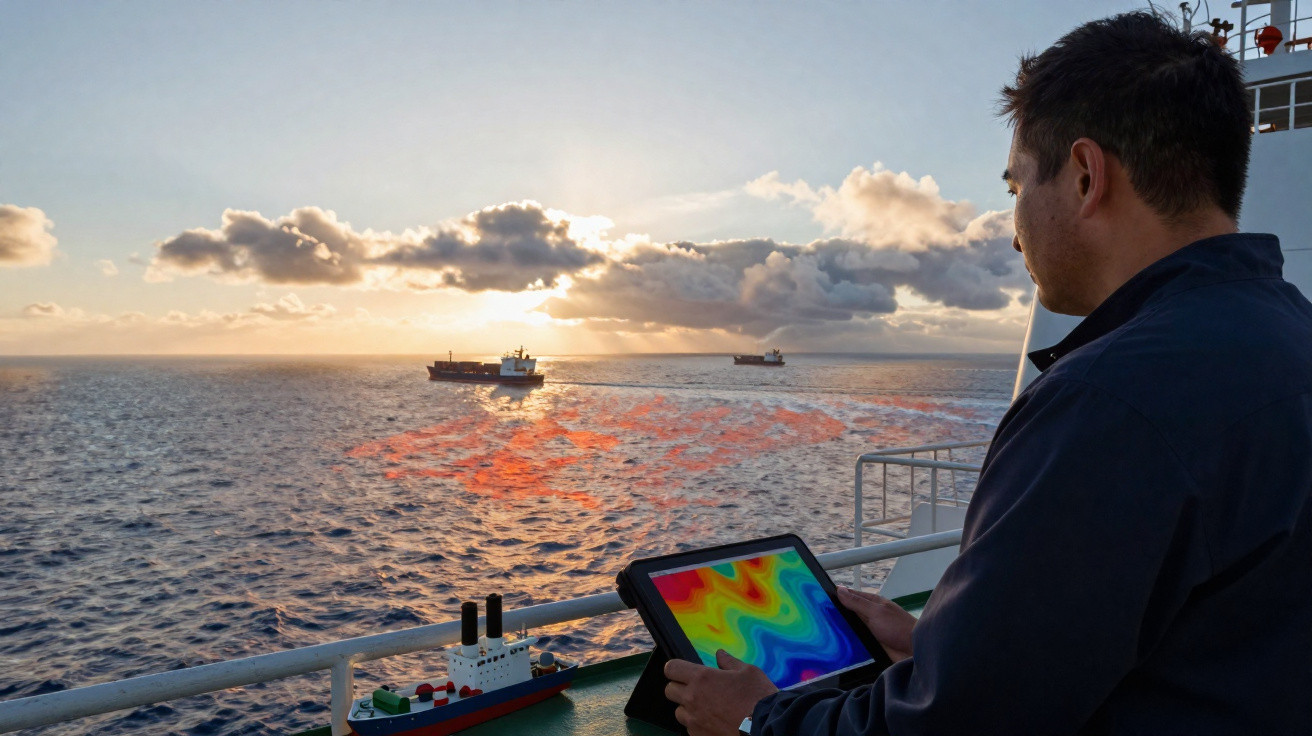 Mann auf Schiff deckt Leck mit Wärmebildkamera bei Sonnenuntergang auf offenem Meer.