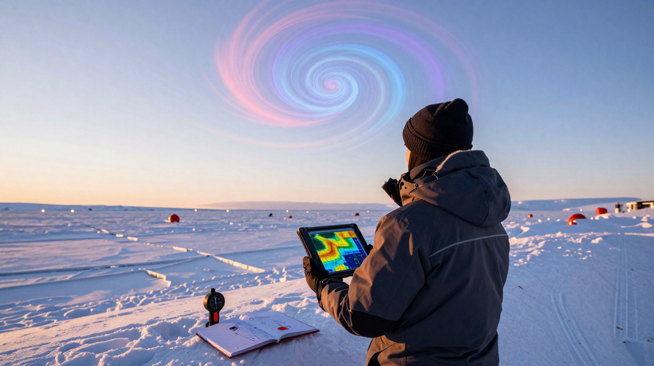 Person mit Winterkleidung fotografiert bunte Spiralwolke am Himmel in verschneiter Landschaft mit Messgerät