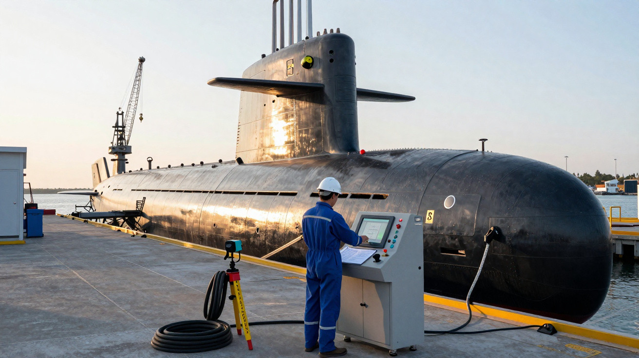 Ein Techniker in Schutzkleidung bedient am Hafen ein Kontrollpanel vor einem schwarzen U-Boot.