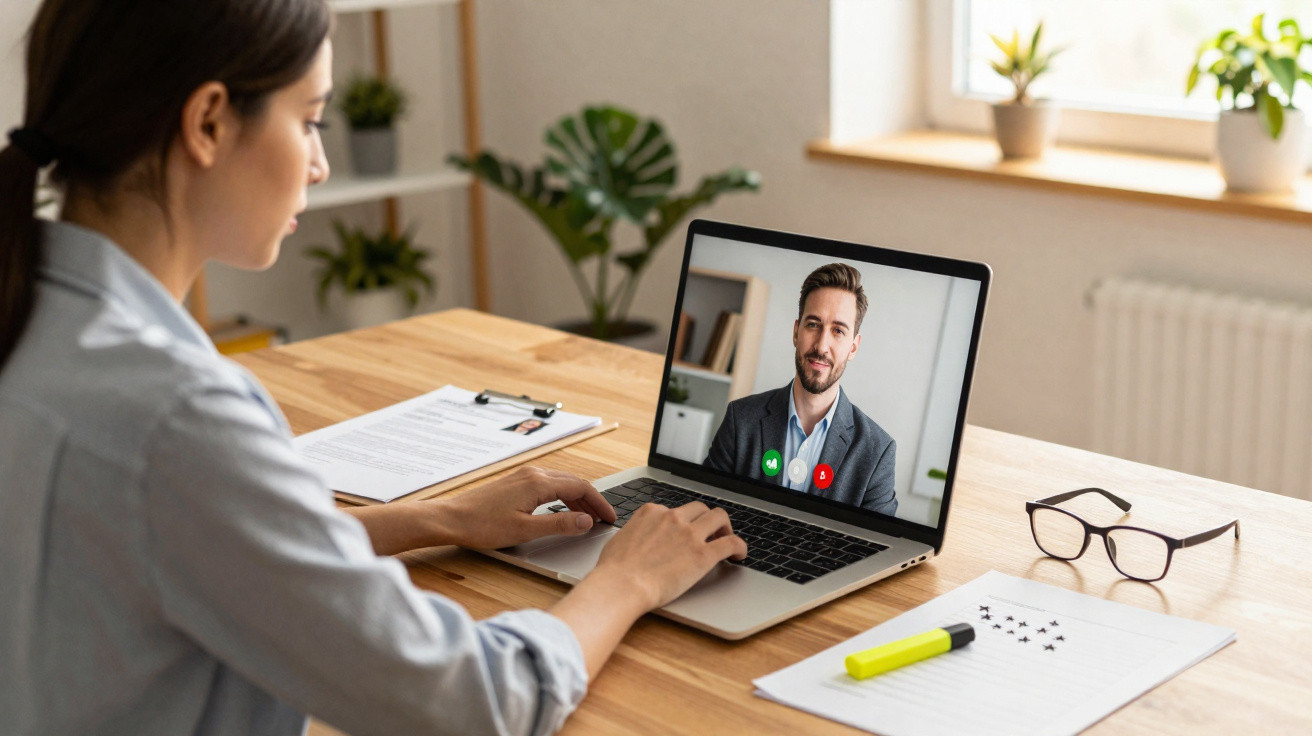 Frau führt Videocall am Laptop, Schreibtisch mit Brille, Dokumenten und Pflanzen im Hintergrund.