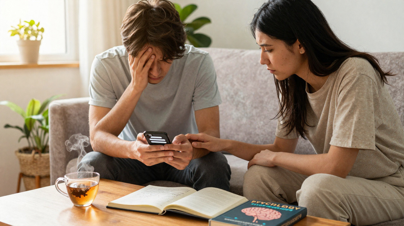 Junge trauert am Smartphone, Frau tröstet ihn, offenes Buch und Psychologie-Buch auf Tisch im Wohnzimmer.