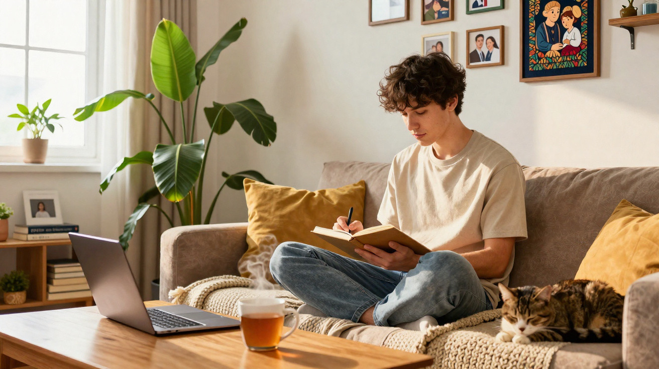 Junger Mann sitzt auf dem Sofa, schreibt in ein Notizbuch, neben ihm schläft eine Katze, Laptop und Tee auf dem Tisch.