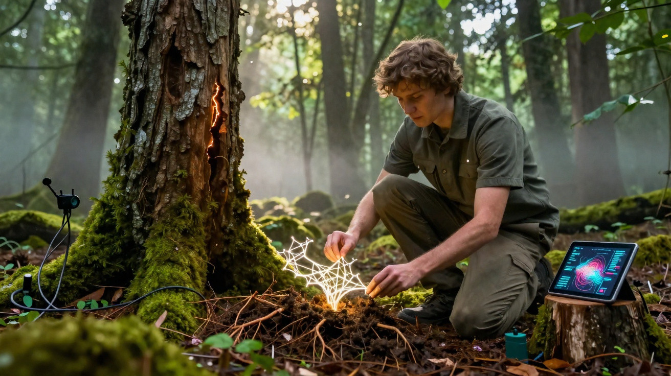 Junger Mann in Wald untersucht leuchtendes Spinnennetz mit Tablet und Messgeräten neben einem alten Baum.