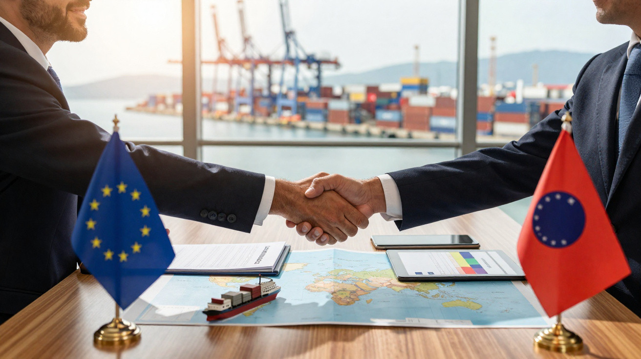 Zwei Businessmen schütteln sich über einem Tisch mit Weltkarte die Hand, EU- und Handelflagge sichtbar.