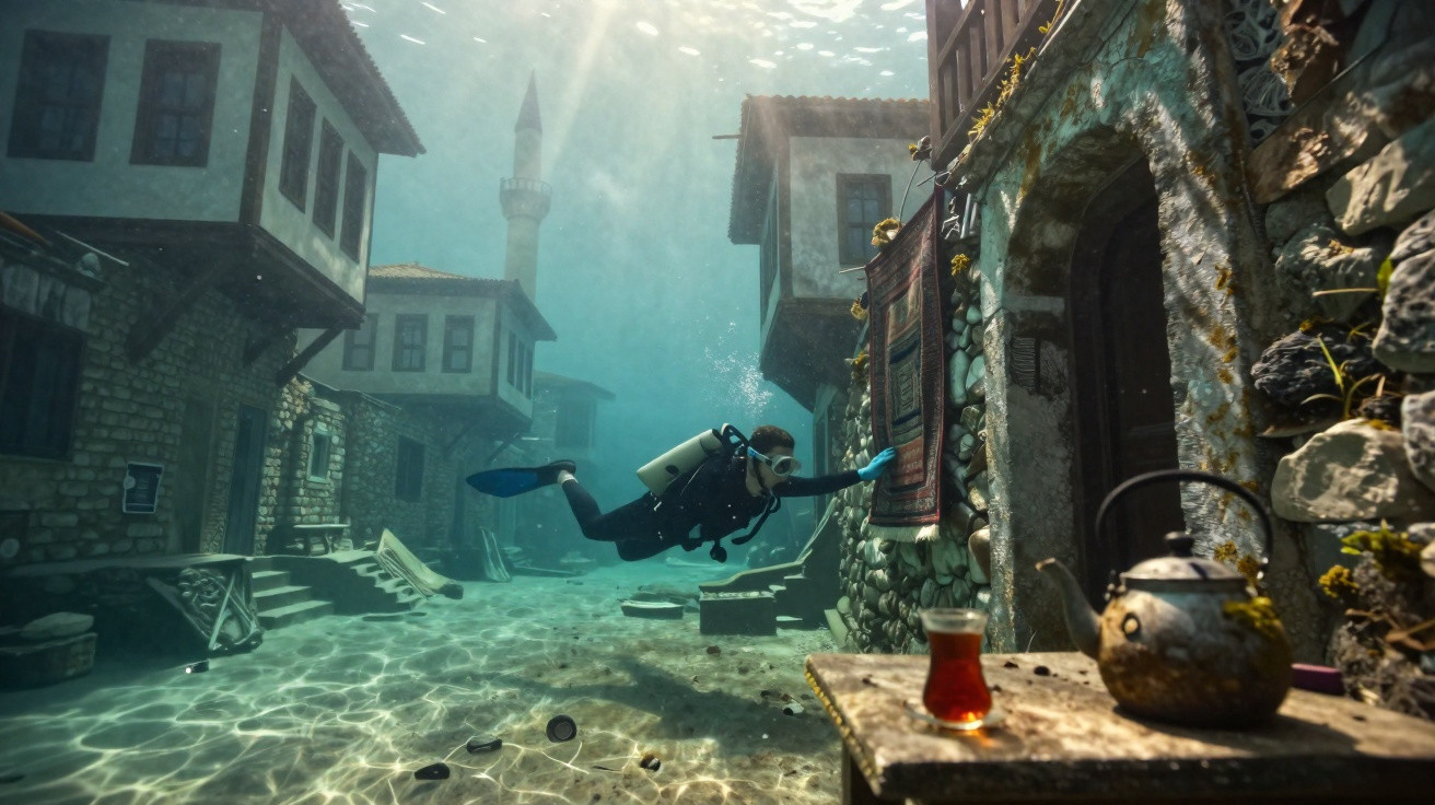 Unterwasser-Taucher erkundet versunkene Stadt mit traditionellen Häusern und Minarett bei Tageslicht.