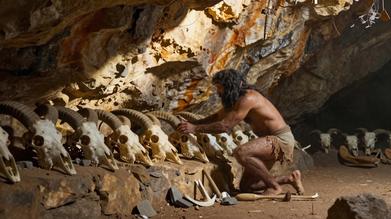 Urzeitlicher Mensch kniet in Höhle vor Reihe von Tierknochen und Schädeln mit Hörnern.