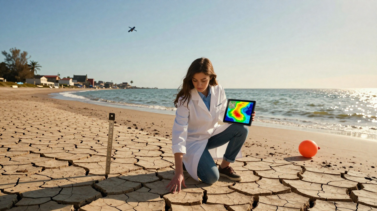 Wissenschaftlerin in weißem Kittel untersucht trockenen, rissigen Boden am Strand mit iPad und Messstab.