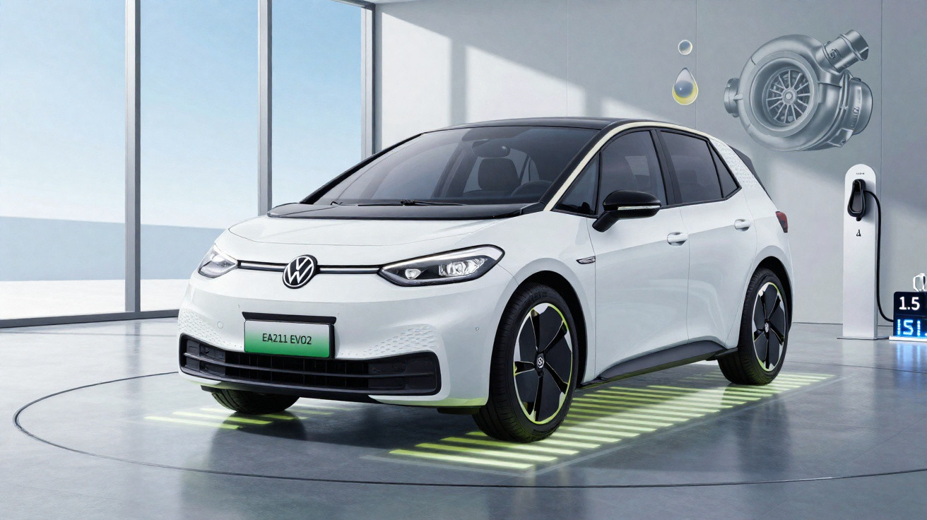 Weißer Volkswagen Elektroauto auf Präsentationsdrehplatte in modernem Showroom mit Ladestation.