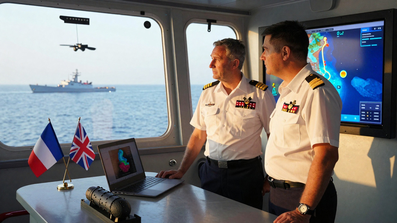 Zwei Marineoffiziere in Uniform beobachten vom Schiff aus ein anderes Kriegsschiff auf dem Meer bei Sonnenuntergang.