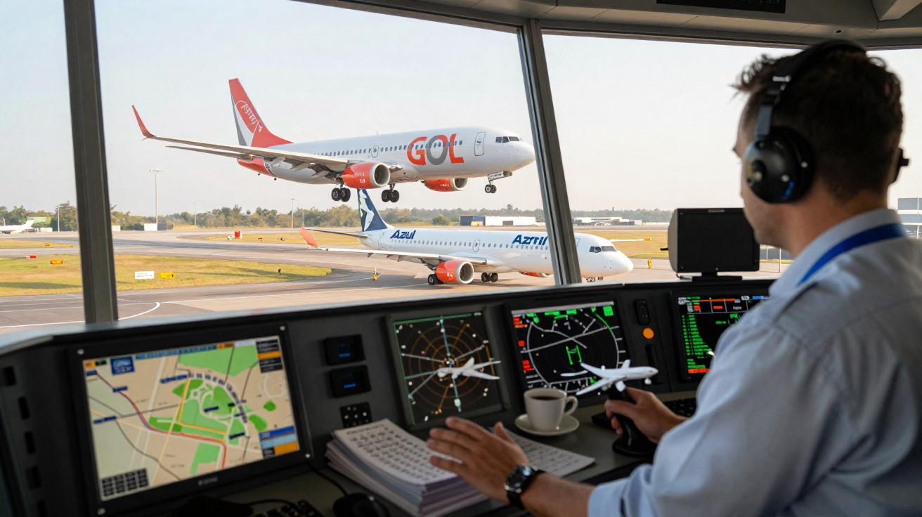Fluglotse überwacht Start einer GOL-Maschine, während Azull-Flugzeug rollt am Flughafen an.