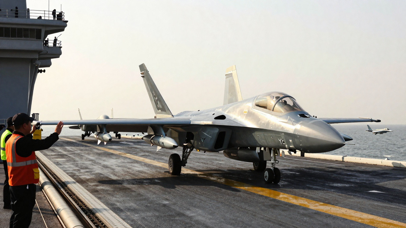 Kampfjet auf Flugzeugträgerdeck mit Mannschaft in Warnwesten und Meer im Hintergrund.