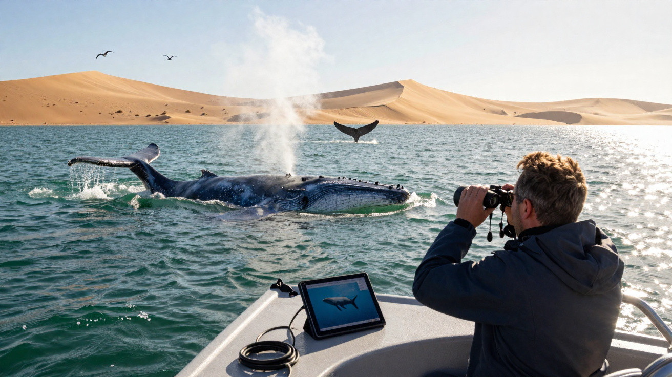 Mann auf Boot beobachtet mit Fernglas einen blauen Wal in Küstengewässern vor Sanddünen.