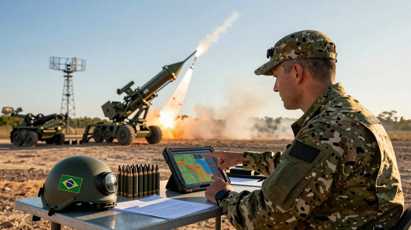 Soldat in Tarnuniform bedient Tablet vor Raketenstart, Helm mit brasilianischer Flagge und Munition auf Tisch.