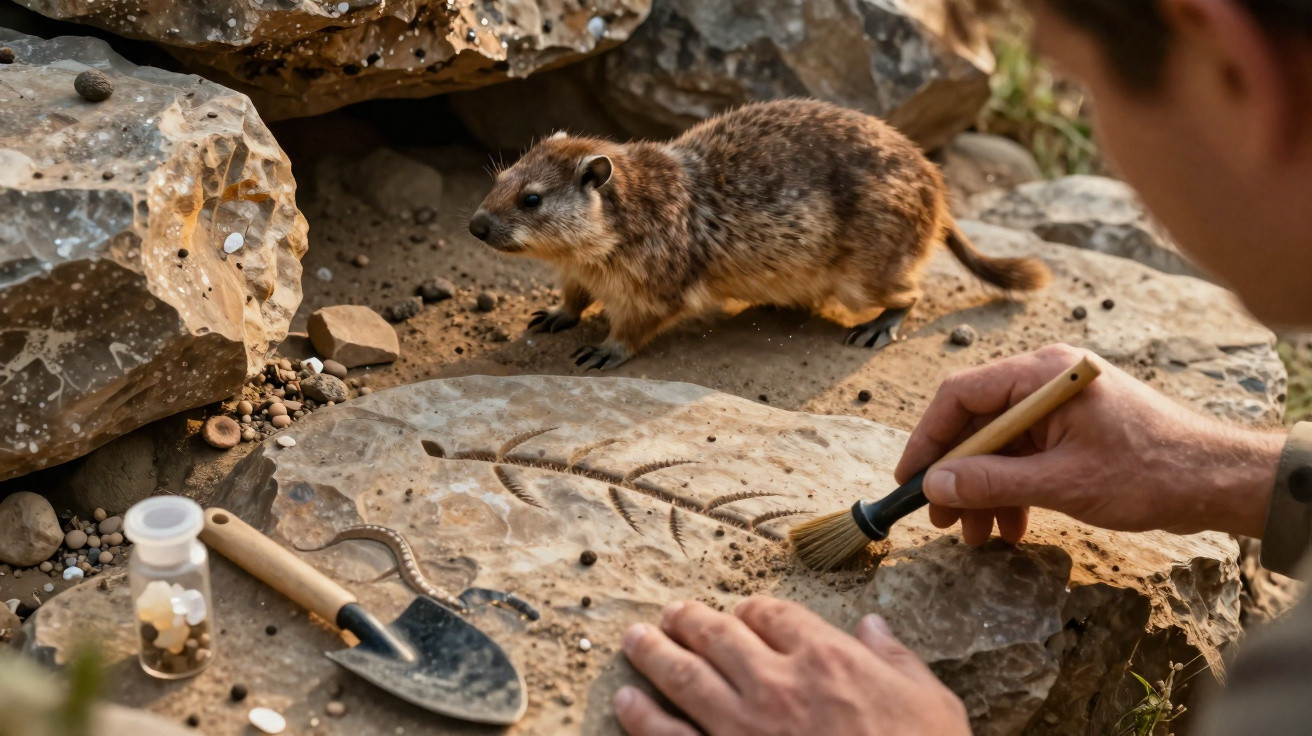 Archäologe säubert mit Pinsel ein Fossil auf Stein, neben ihm steht ein braunes Nagetier bei Felsen.