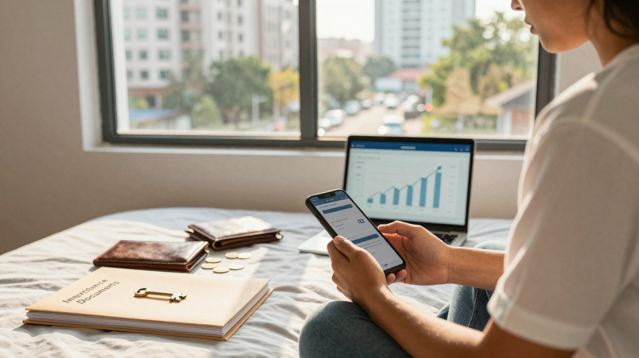Person sitzt auf dem Bett, hält ein Smartphone, Laptop zeigt Wachstumsdiagramm, Ordner mit Investitionsunterlagen liegt daneb