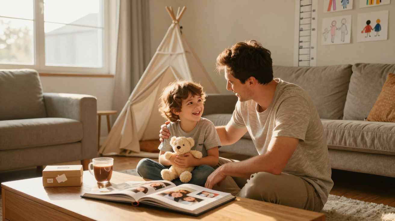 Vater und Sohn sitzen im Wohnzimmer, lächeln sich an, der Junge hält einen Teddybär, ein Fotoalbum liegt auf dem Tisch.