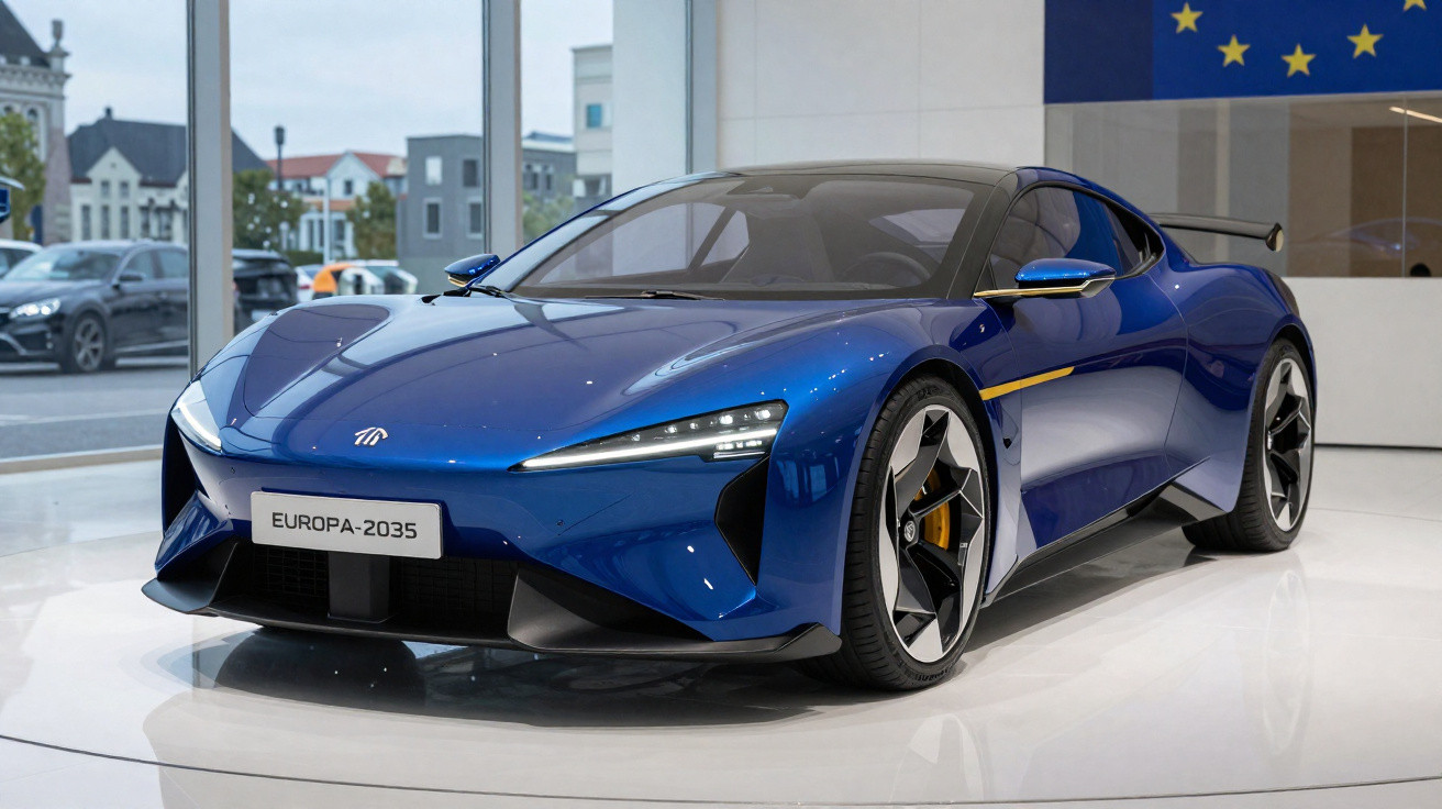 Blauer, futuristischer Sportwagen Europa-2035 steht im modernen Ausstellungsraum mit großen Fenstern.