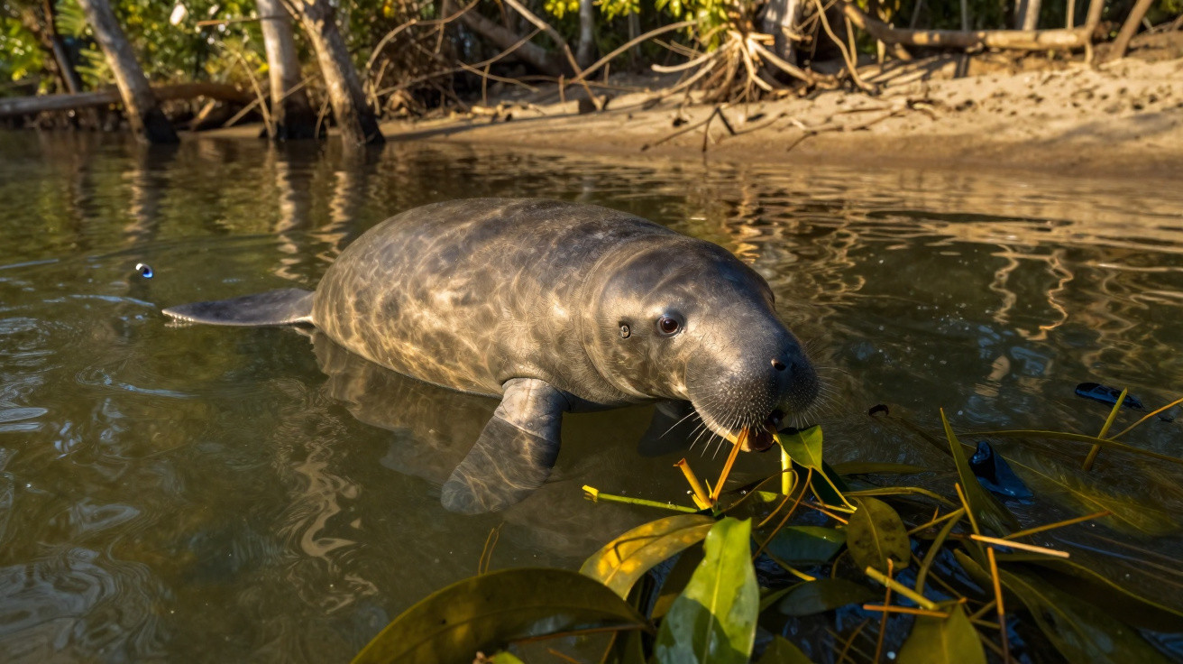 Seekuh schwimmt im flachen Wasser und frisst Wasserpflanzen nahe am Ufer mit Bäumen im Hintergrund.