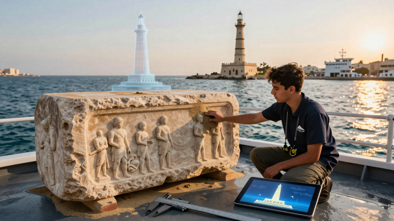 Junge restauriert antikes Steinrelief eines Leuchtturms mit einem echten Leuchtturm im Hintergrund am Meer.