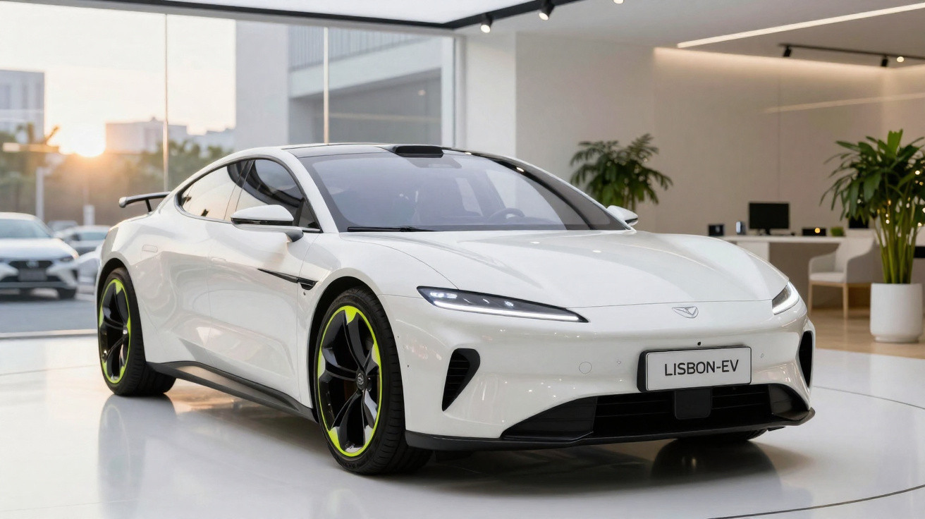 Weißes Elektro-Sportauto mit schwarzem Dach und neon-grünen Akzenten im modernen Autohaus.