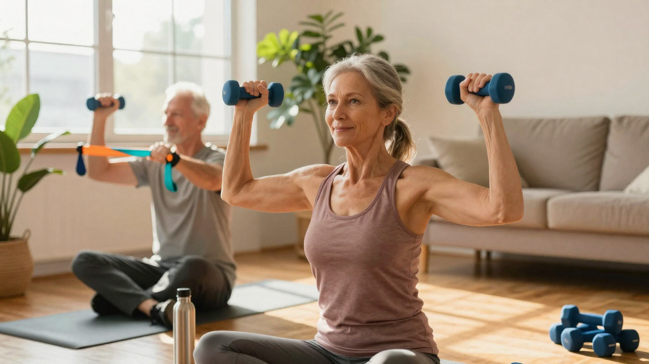 Seniorin und Senior trainieren mit Hanteln und Widerstandsband im Wohnzimmer auf Yogamatten.