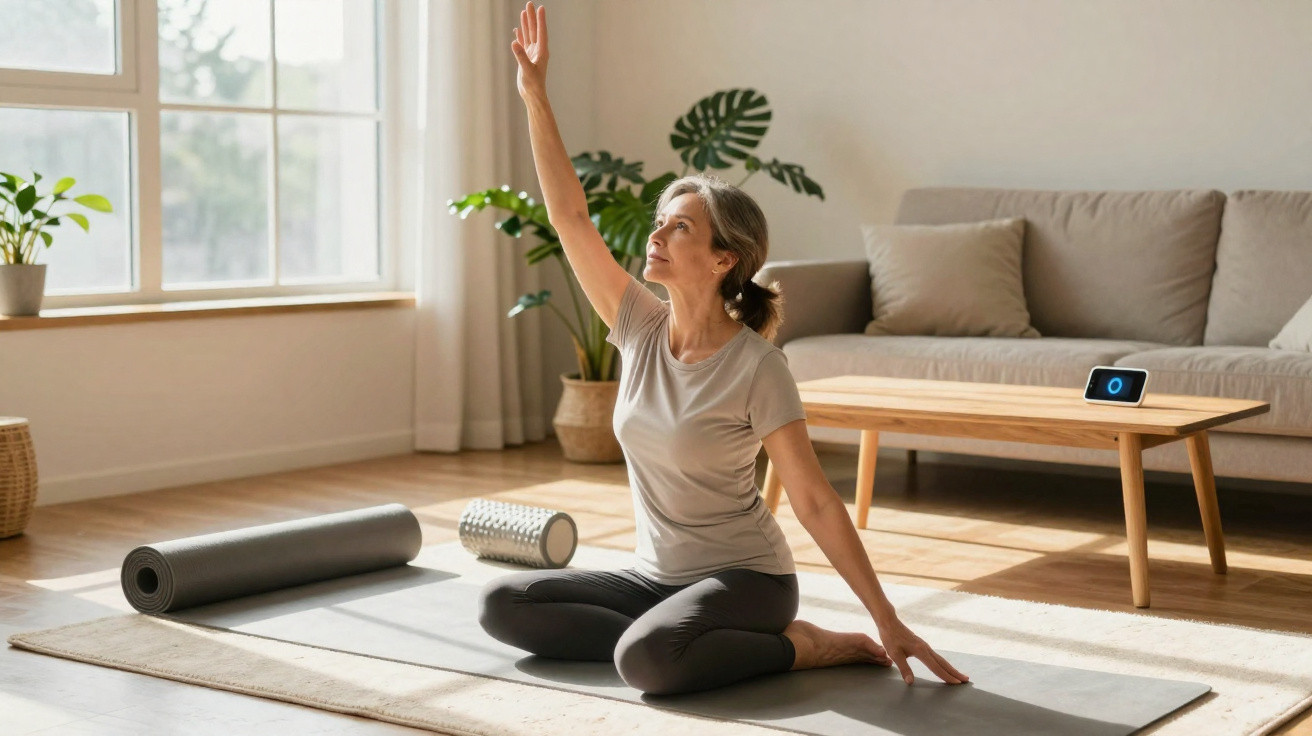 Ältere Frau macht Yoga im Wohnzimmer auf Matte, sonnendurchfluteter Raum, Pflanzen und Sofa im Hintergrund.