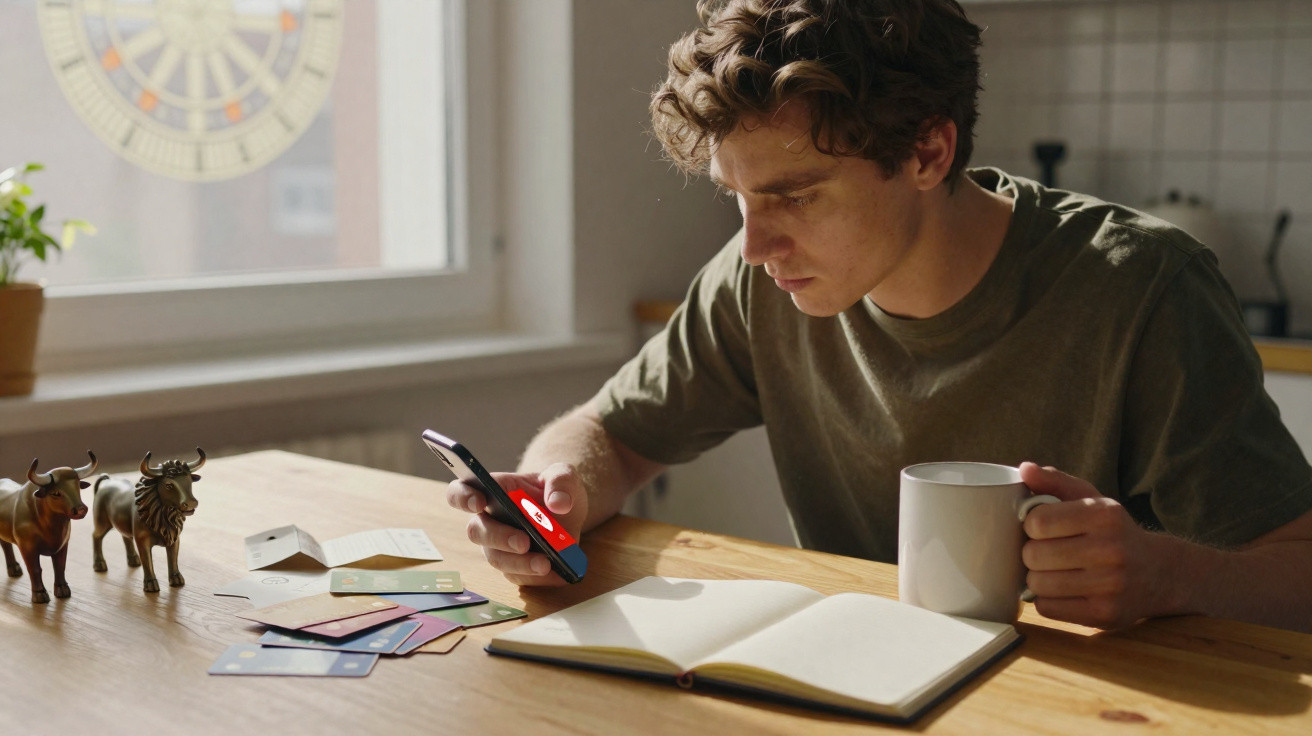 Junger Mann sitzt am Tisch mit Smartphone, Notizbuch, Kaffeetasse und mehreren Kreditkarten.